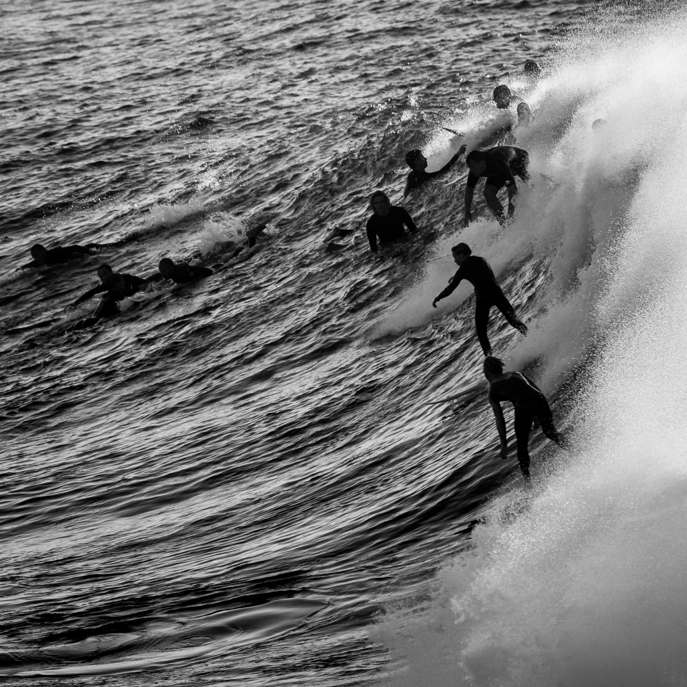 silhouette of surfers during daytime